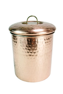 One Copper Kitchen Canister. Isolated. Vertical.