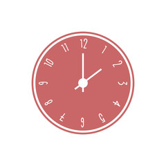 Flat red clock icon. White arrows and digits. Isolated.
