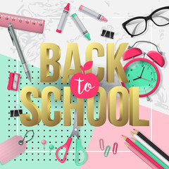 Back to school banner design with lettering and school supplies. Flat lay style