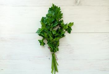 Bunch of fresh parsley on white boards.