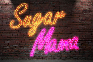 Leuchtreklame Sugar Mama an Ziegelsteinmauer