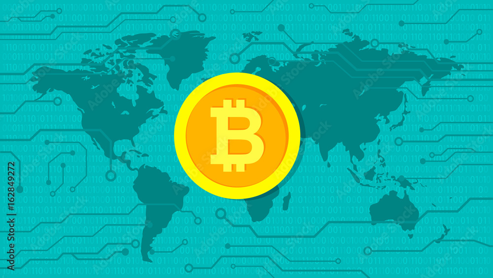 Poster bitcoin currency. bitcoin icon on background world map and circuit board. web banner. vector illustr