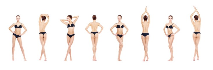 Young, sporty and fit girl in black underwear. Isolated background. Set collection. Fitness Concept.