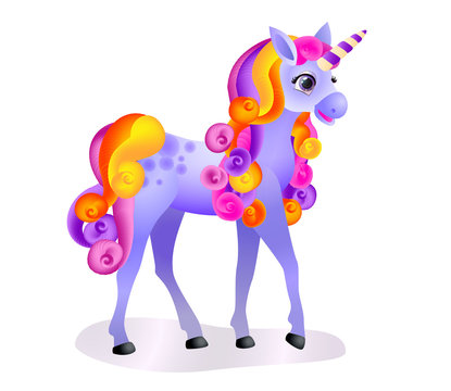 Cute cartoon unicorn with colorful mane and tail. Isolated image on white. Vector illustration.
