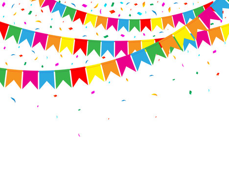 Garland of Colour Flags and Confetti on White Background. Party Web Banner. Celebration Background. Vector Illustration. Flat Style.