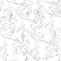 Branches leaves handmade. Seamless pattern. Black and white. Vector illustration.