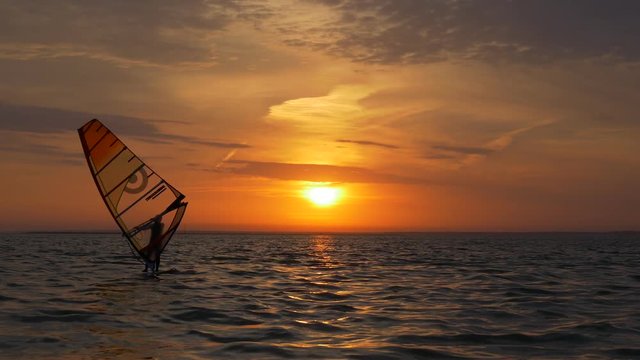 Aquatics, windsurfing in sea at sunset