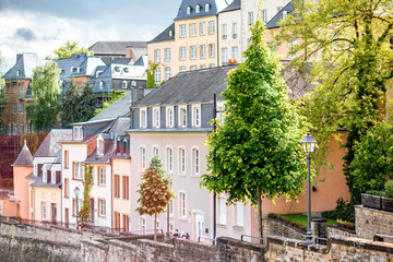 Fototapeta na wymiar View on the old buildings at the Grund district of the old town of Luxembourg city