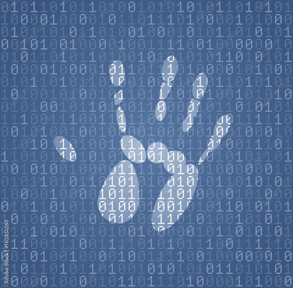 Poster handprint 'signature' in binary code. illustration on the subject of cybersecurity.