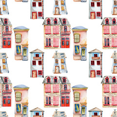Naklejka premium Seamless pattern with watercolor english houses, hand painted isolated on a white background