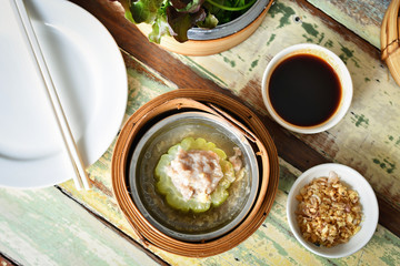 yumcha, dim sum in bamboo steamer,