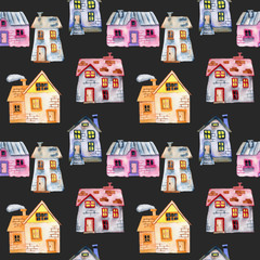 Obraz premium Seamless pattern with watercolor cartoon private houses, hand painted isolated on a dark background