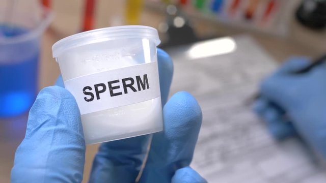 Scientist holding a sperm container while taking some notes observations in a notebook. Filmed in a lab environment. Closeup on the tube.