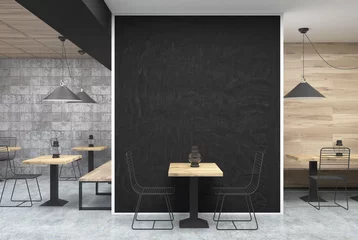 Fotobehang Grijs en houten café, zwarte muur, tafel © ImageFlow