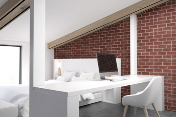 Brick attic bedroom, home office, corner