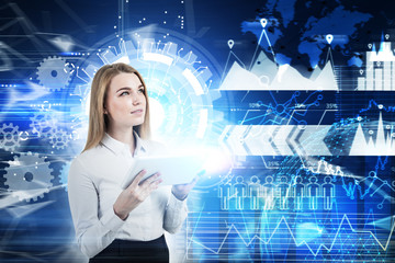 Blond woman with a coffee, holograms and HUD