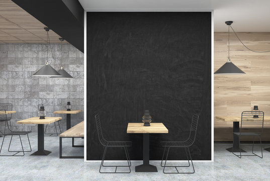 Gray and wooden cafe, black wall, table
