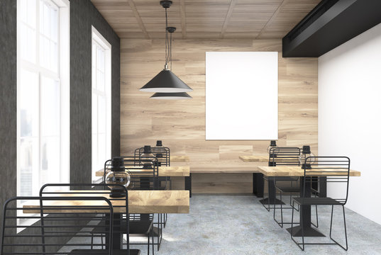 Wooden and white cafe, vertical poster