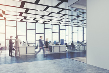 Open office, loft, glass, side view, men