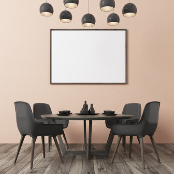 Beige wall dining room, black chairs