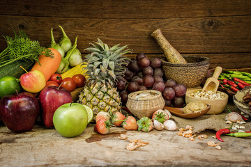 Thai fruit salad material (SomTum) on wooden background