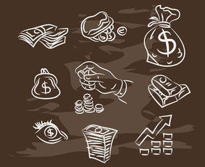 Collection of hand-drawn finance on blackboard. Retro vintage style .