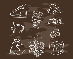 Collection of hand-drawn finance on blackboard. Retro vintage style .