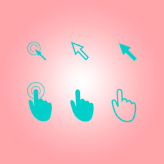 Cursor pointer icons. Click press and touch actions. Flat style.