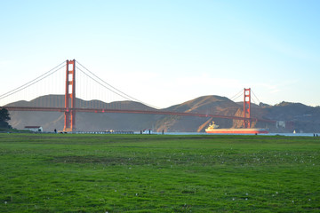 View of Golden Gate bridge from Crissy Field, San Francisco, USA