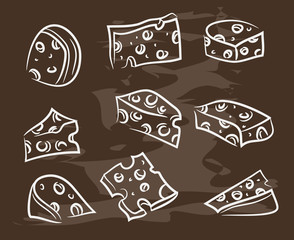 Collection of hand-drawn cheese on blackboard. Retro vintage style .