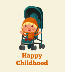 Happy smiling little child character sitting in stroller. Happy childhood concept. Vector flat cartoon illustration