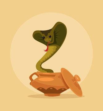 Happy smiling kind cobra snake character dancing in pot. Vector flat cartoon illustration
