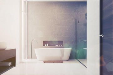 Naklejka na ściany i meble Gray bathroom, white tiles, white sink toned