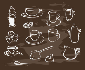 Collection of hand-drawn coffee on blackboard. Retro vintage style .