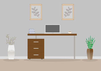 Office in loft style on a gray background. Vector illustration. Table with drawers,decorative branches and a succulent in the beautiful vases floor, cute paintings. Cup with coffee, laptop, books 