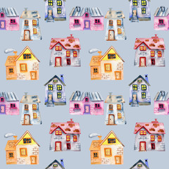Seamless pattern with watercolor cartoon private houses, hand painted isolated on a blue background