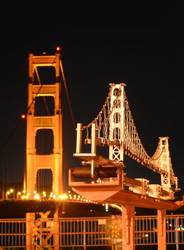 Night view of Golden Gate Bridge near Welcome Center in San Francisco, California, USA