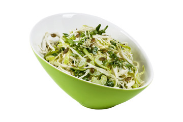 Coleslaw Cabbage Salad with Pumpkin Seeds Isolated on White background. Selective focus.