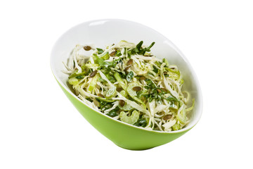 Coleslaw Cabbage Salad with Pumpkin Seeds Isolated on White background. Selective focus.