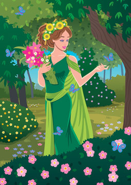 Demeter / Greek goddess Demeter bringing spring in the forest. 