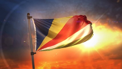 Seychelles Flag Backlit At Beautiful Sunrise Loop Slow Motion 4K