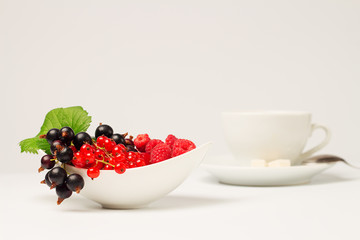 Ripe fresh black and red berries in a porcelain saucer. Currant and raspberry on a branch with leaf. Cup of coffee with milk in the background