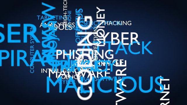 Cyber attack word tag cloud. 3D rendering, loop able, blue variant. UHD