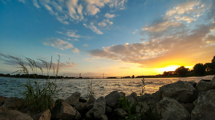 sundown at the rhine bridge, Rees, Germany
