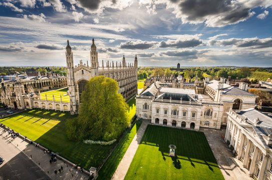 High angle view of the city of Cambridge, UK at beautiful sunny day