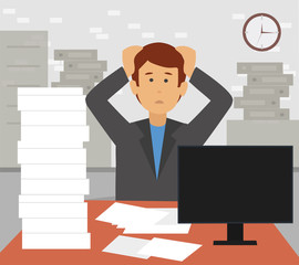 Stressed businessman in pile of office papers and documents tearing his hair out. Stress at work. Overtime and overworked. Office worker staying late at work illustration vector.