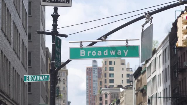 Broadway crossroads  in Manhattan. Sign of Broadway close-up. Dolly shot .