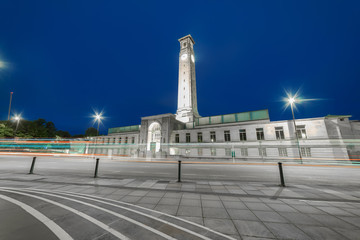 Southampton City centre and Civic building with clock tower on a clear dark night