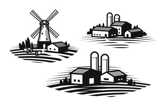 Farm, farming label set. Farmhouse, windmill, agribusiness, agricultural industry icon or logo. Vector illustration