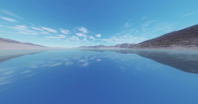 4k clouds mass rolling over clam lake surface & snow mountain,lake like mirror.
